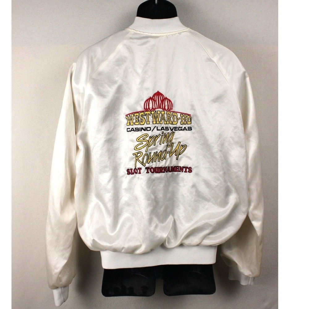 Vintage Westward Ho Casino Las Vegas Satin Bomber Jacket Ivory USA Medium